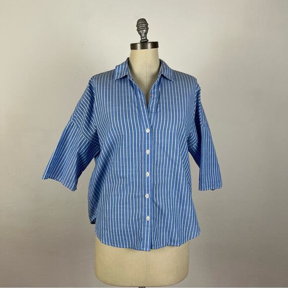 Joie Blue Stripe Boxy Button Down Top - Picture 1 of 9